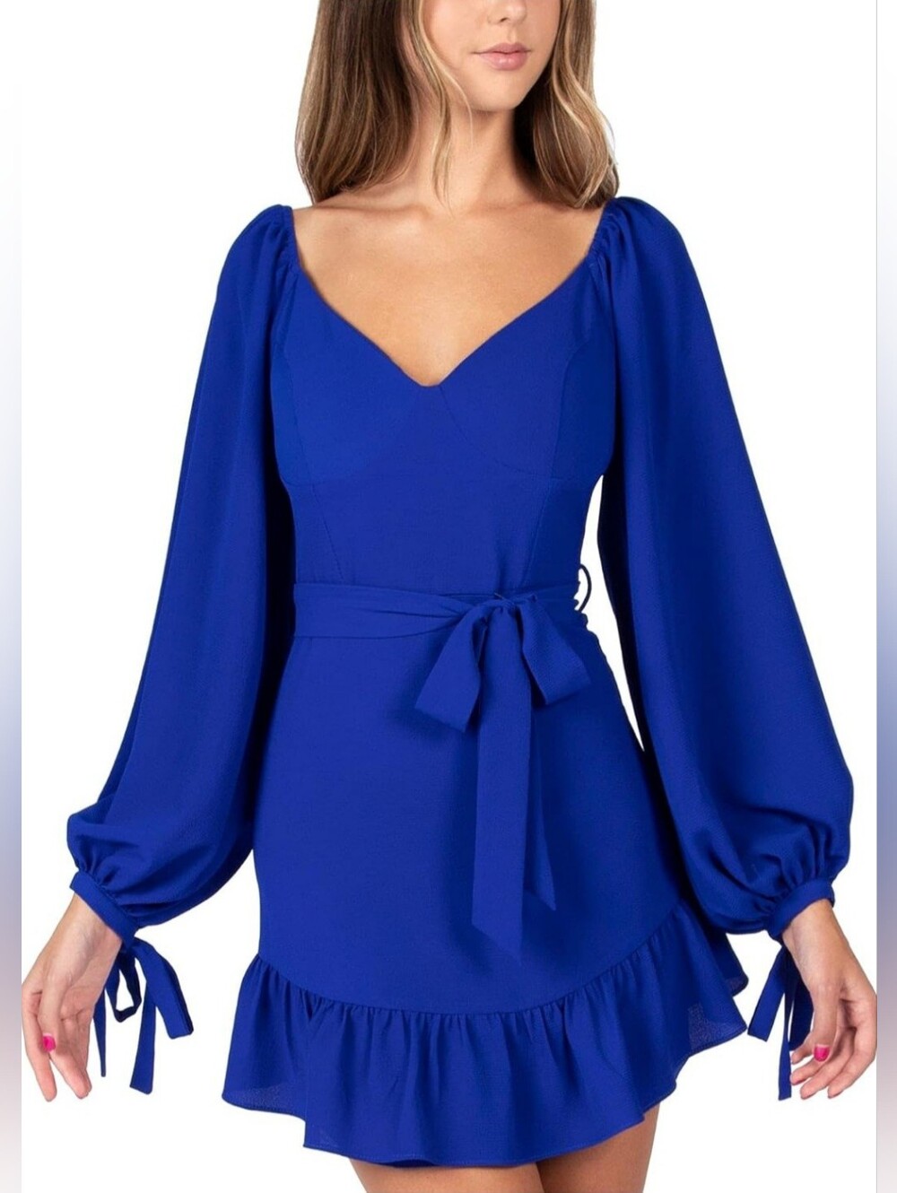 B Darlin Womens Fit + Flare Zippered Ruffled Long Sleeve Mini Party Dress, 3/4